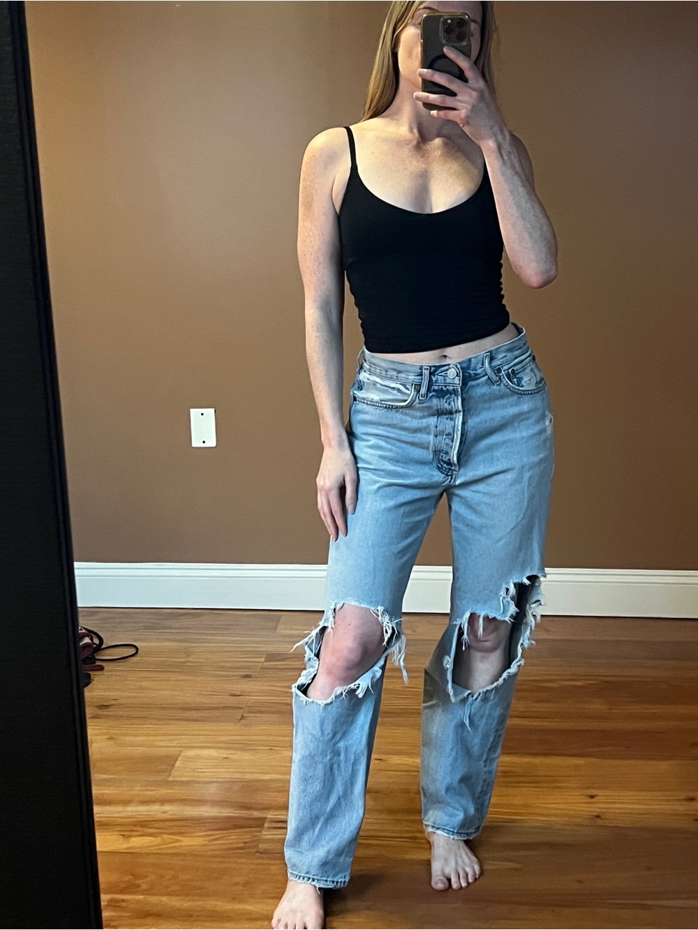 Agolde Light Blue Distressed Straight-Leg Jeans